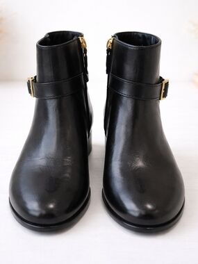 Lauren Ralph Lauren Black Leather Ankle Booties with Gold Buckle